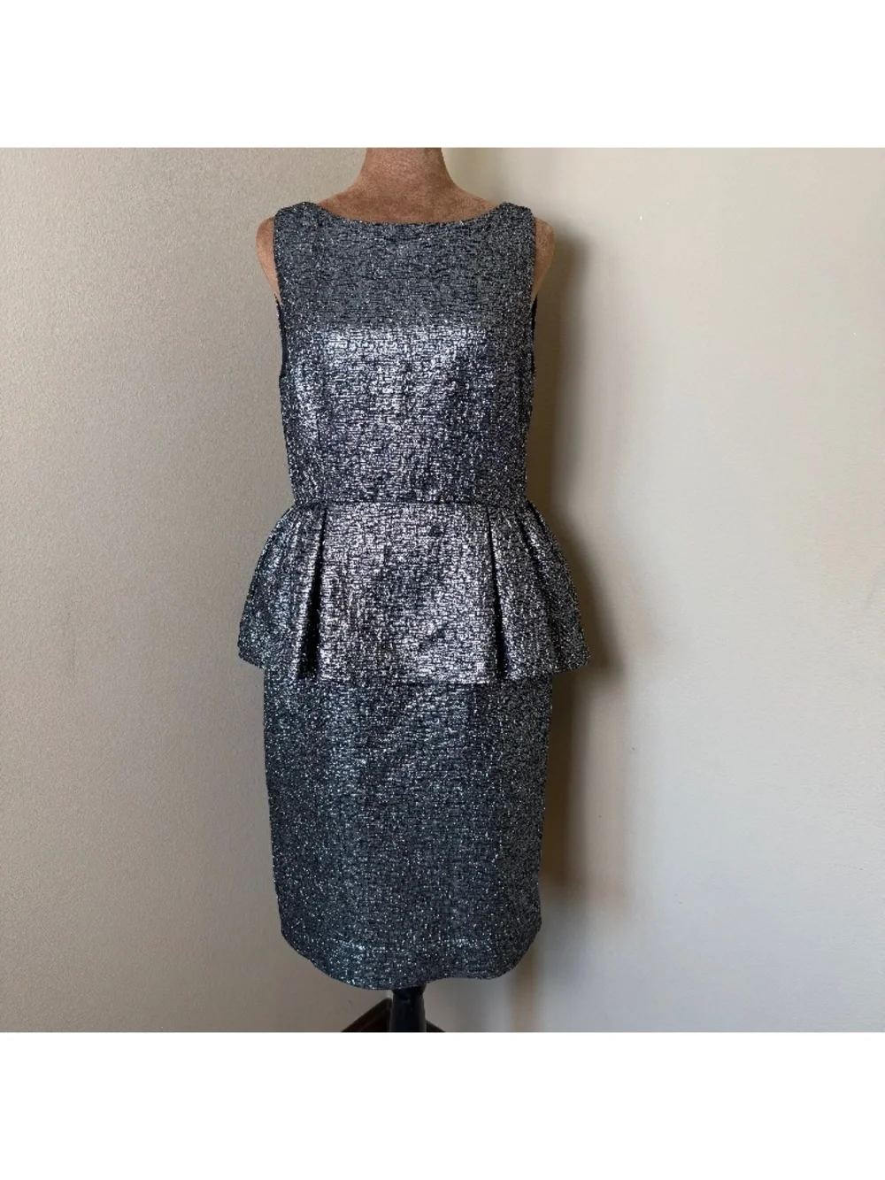 Kate Spade Andi Metallic Peplum Cocktail Dress Womens 8 Black Silver Formal